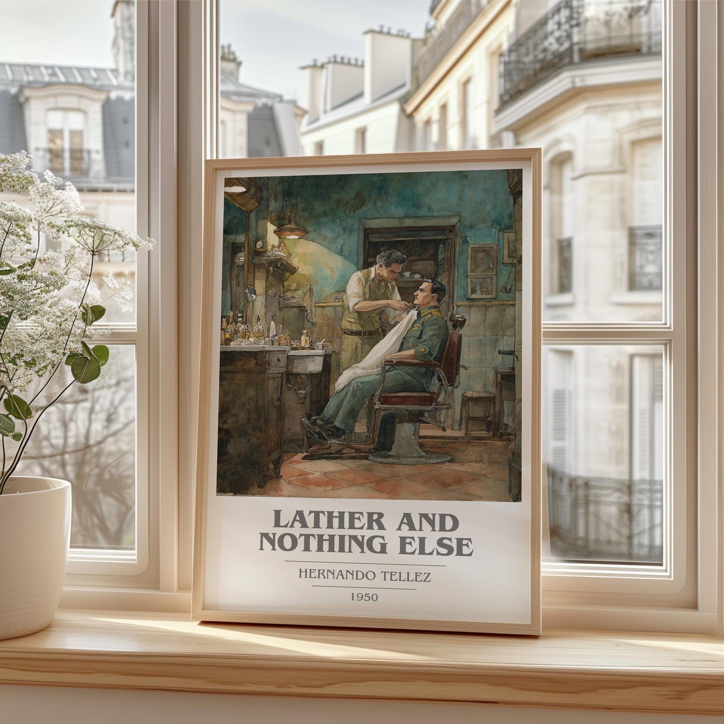 Lather And Nothing Else book cover print framed by window – literary home decor