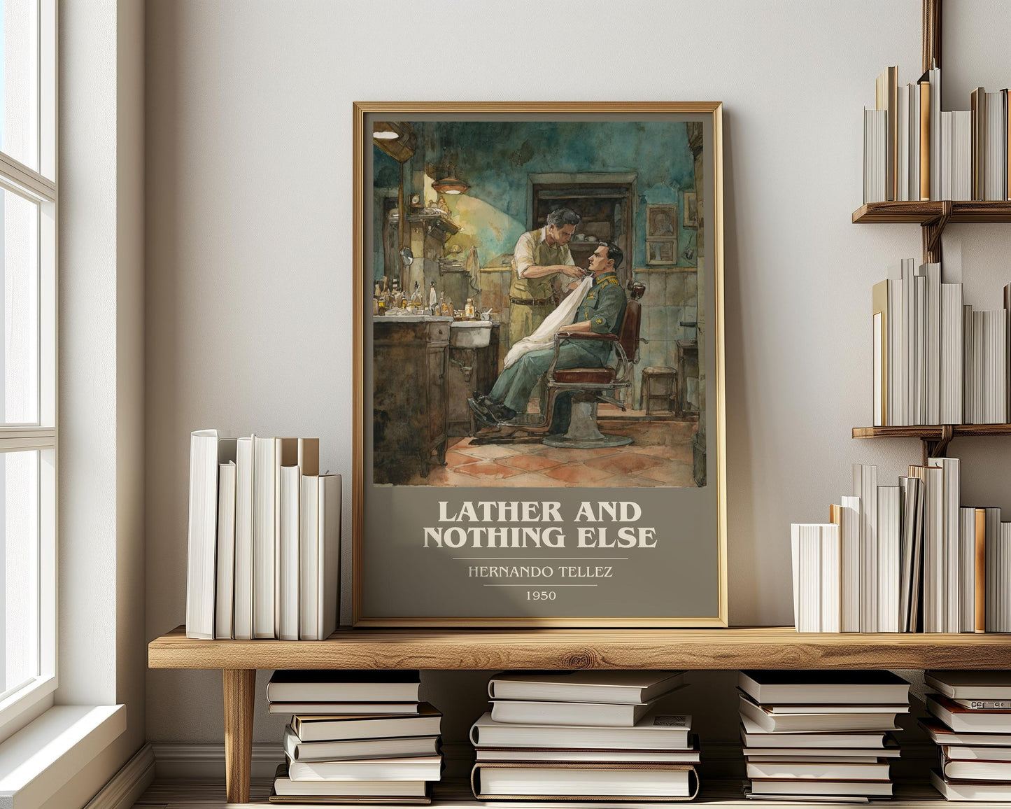 Lather And Nothing Else book cover print on bookshelf – Hernando Tellez fan gift
