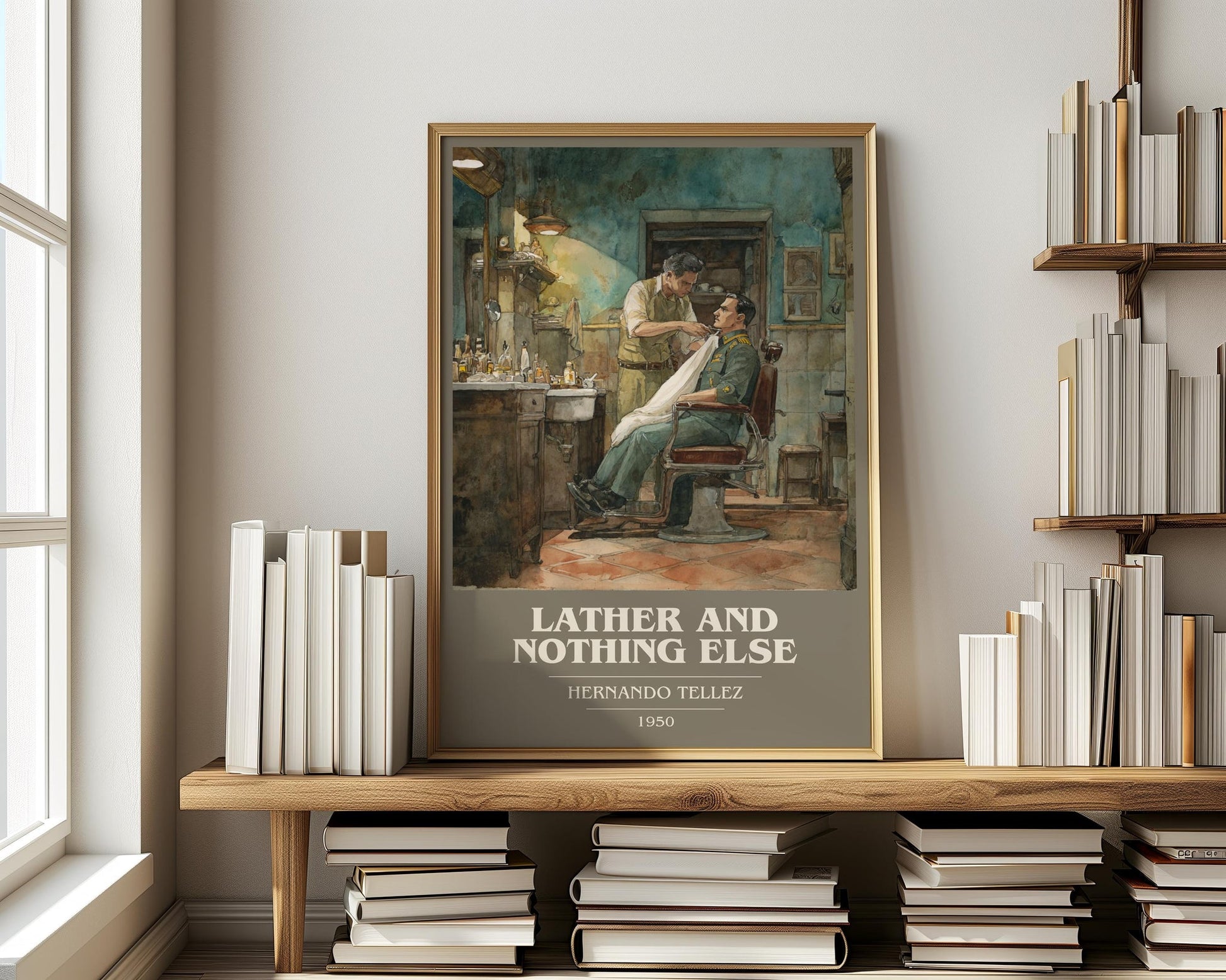 Lather And Nothing Else book cover print on bookshelf – Hernando Tellez fan gift