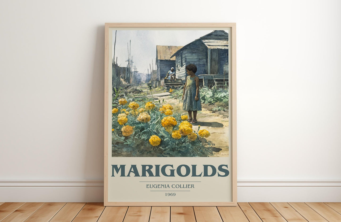 Marigolds book cover print in frame leaning in hallway – literary fiction wall art