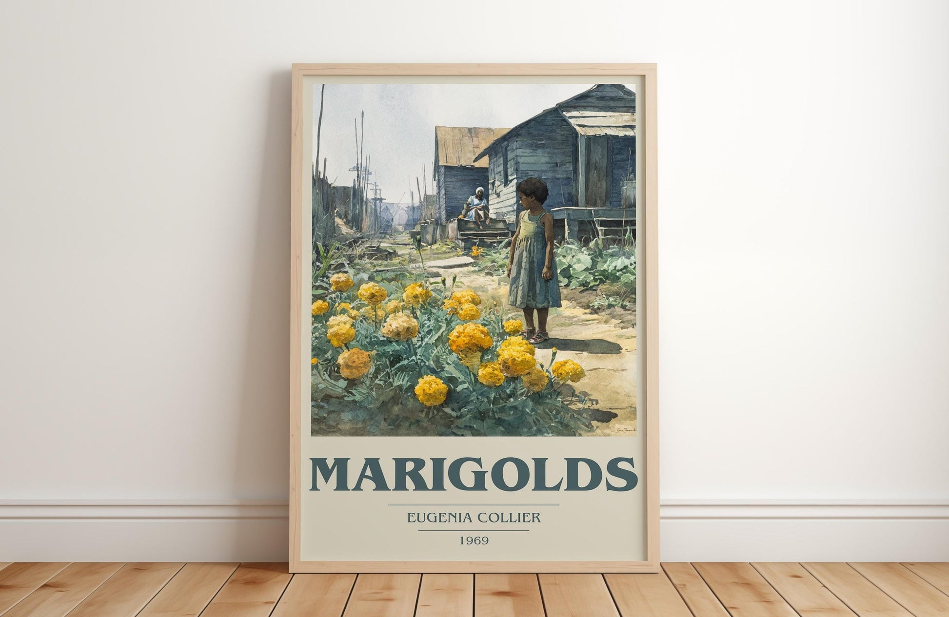 Marigolds book cover print in frame leaning in hallway – literary fiction wall art