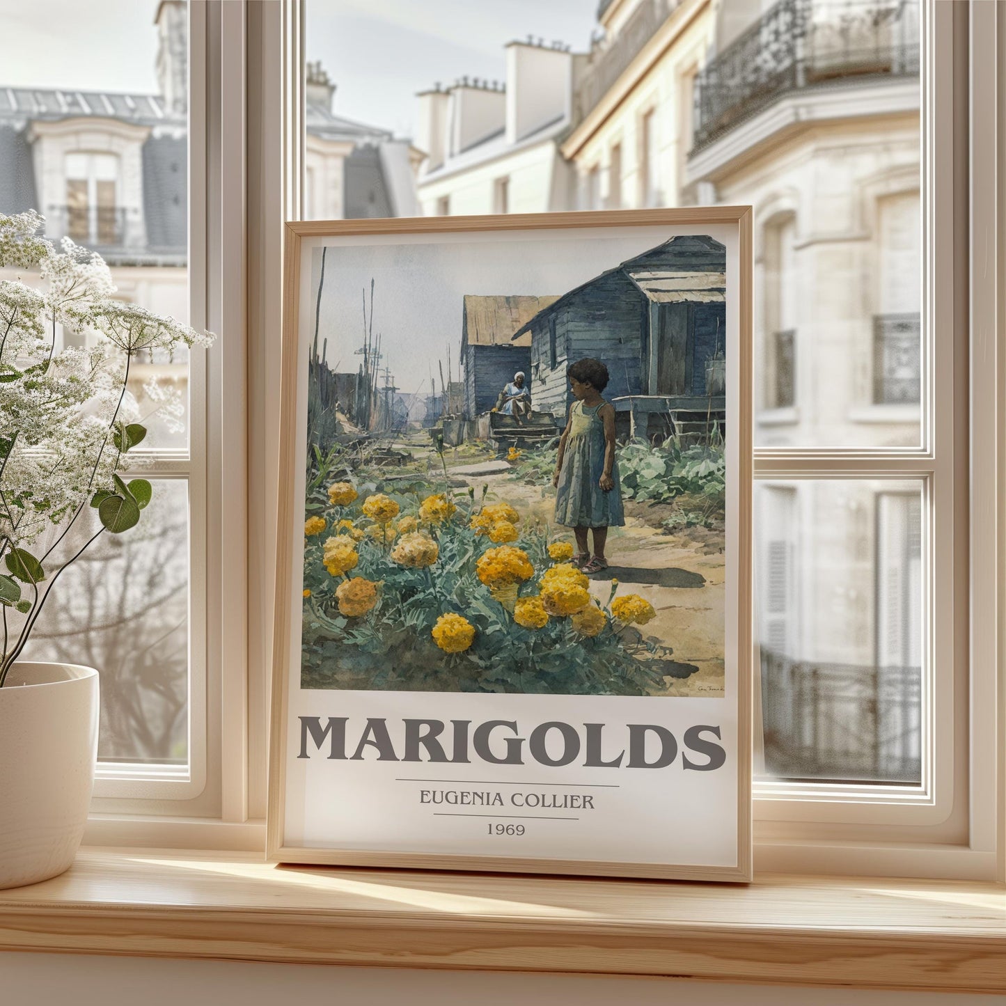 Marigolds book cover print framed by window – literary home decor