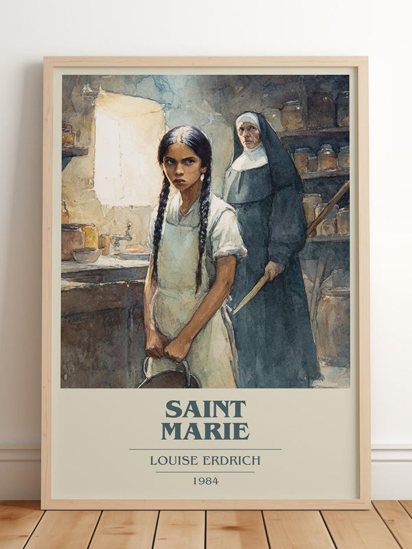 Saint Marie book cover print in frame leaning in hallway – literary fiction wall art