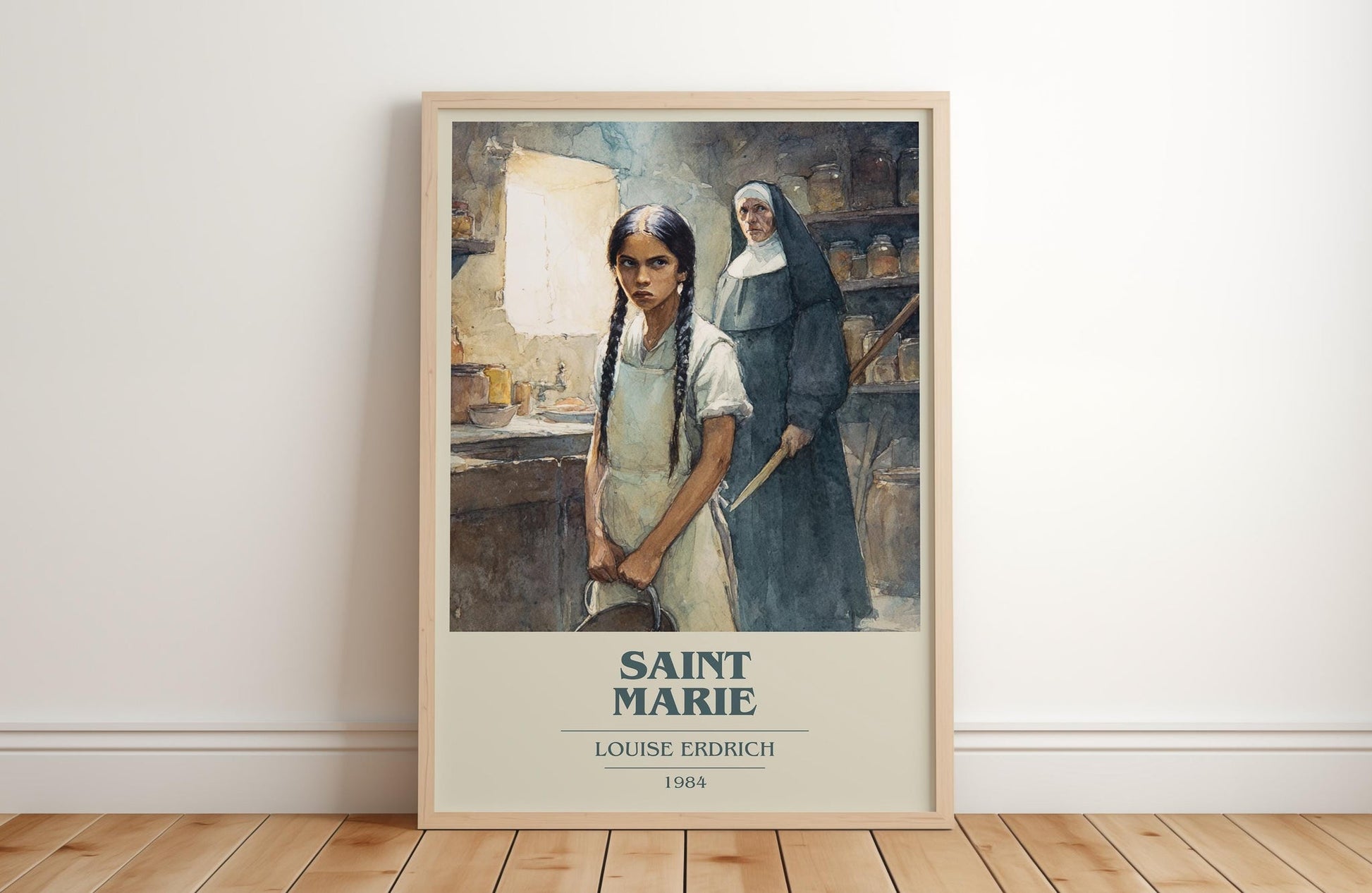 Saint Marie book cover print in frame leaning in hallway – literary fiction wall art