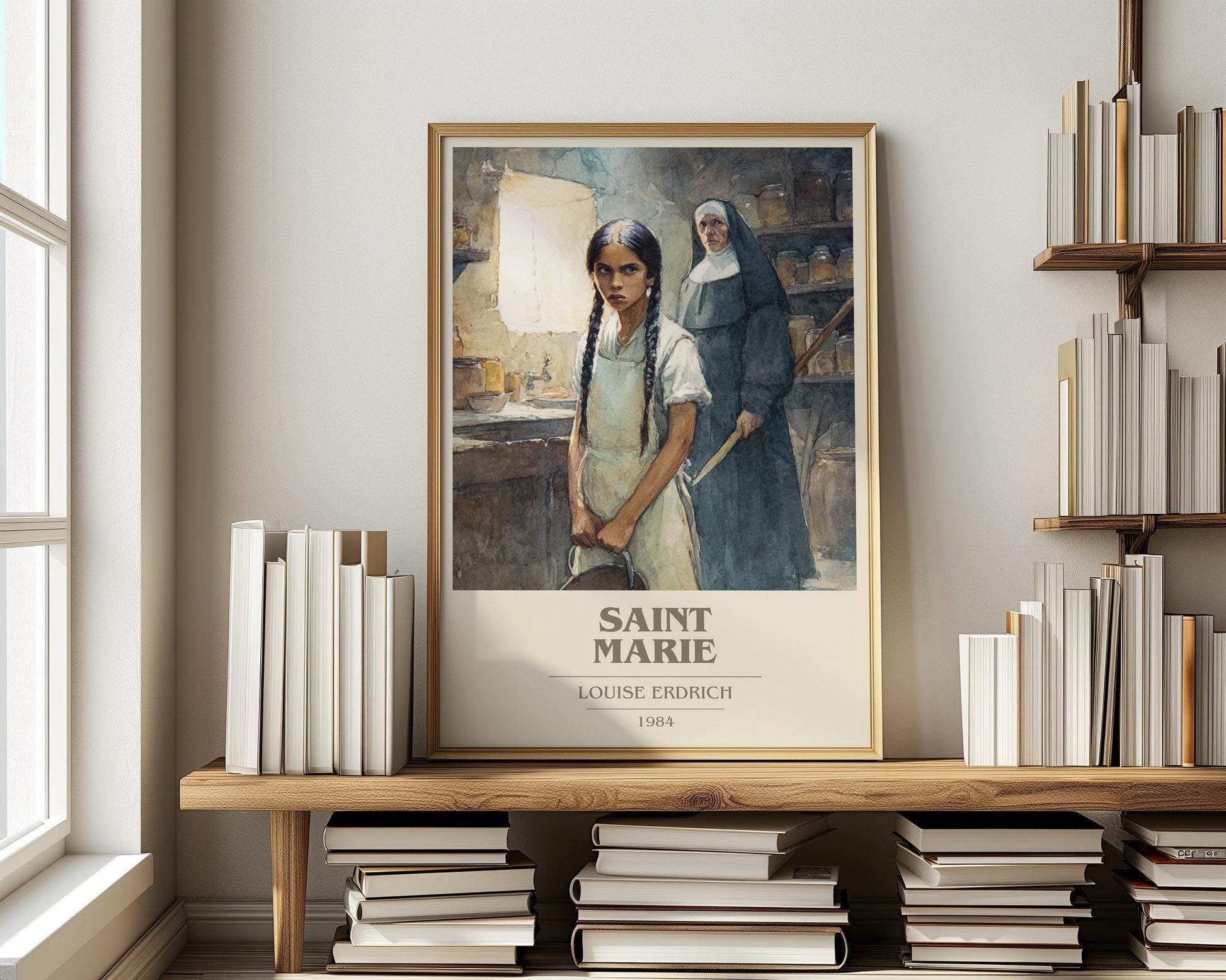 Saint Marie book cover print on bookshelf – Louise Erdrich fan gift