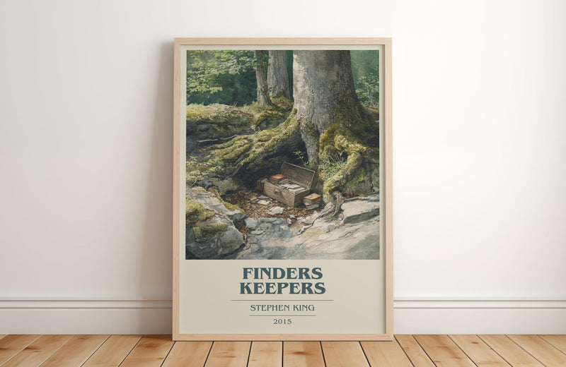 Finders Keepers book cover print in frame leaning in hallway – thriller wall art