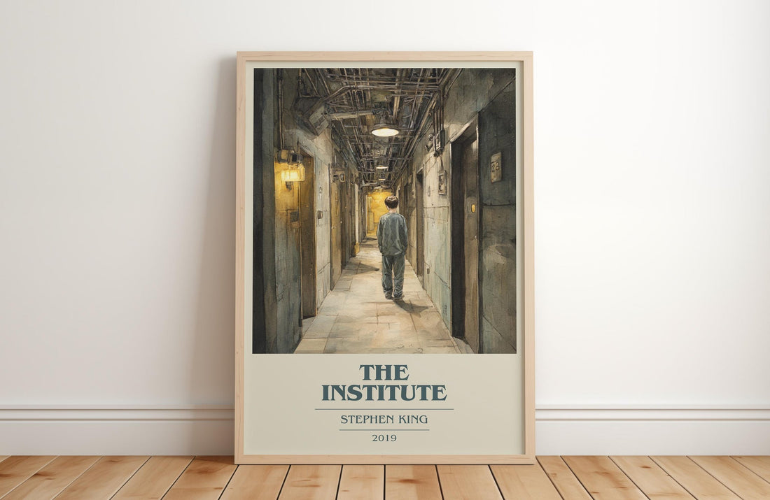 The Institute book cover print in frame leaning in hallway – horror wall art (mockup)