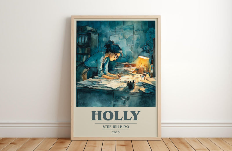 Holly book cover print in frame leaning in hallway – thriller wall art