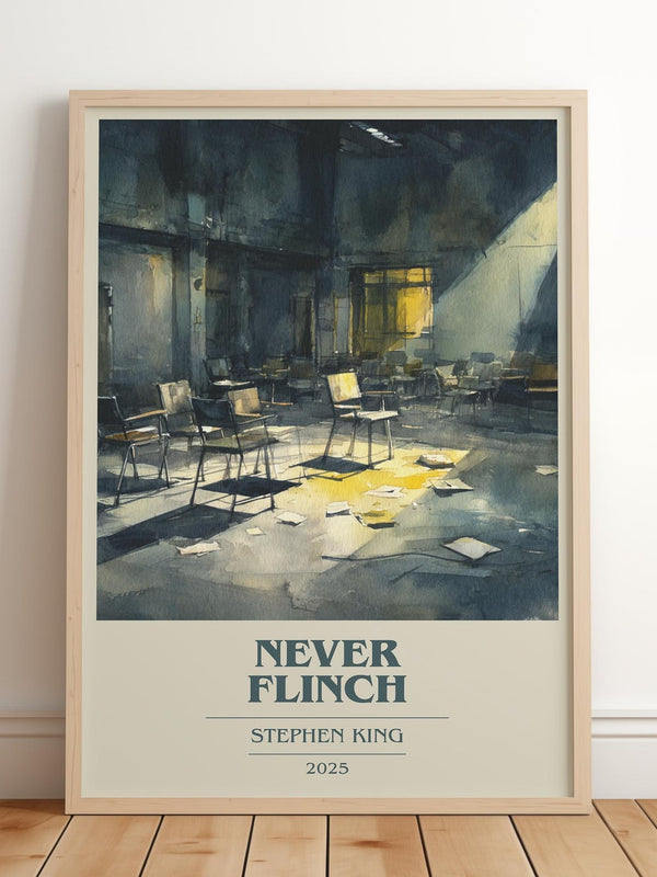 Never Flinch book cover print in frame leaning in hallway – thriller wall art