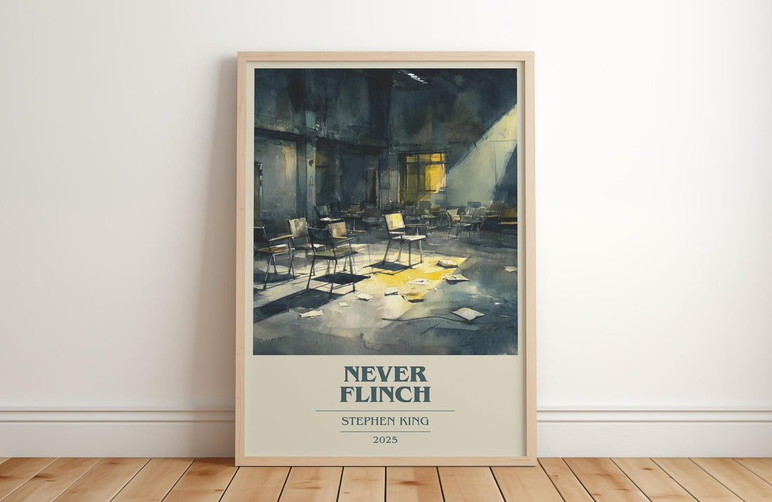 Never Flinch book cover print in frame leaning in hallway – thriller wall art (mockup)