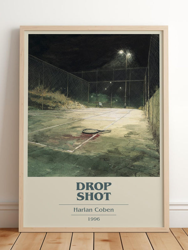 Drop Shot book cover print in frame leaning in hallway – mystery wall art