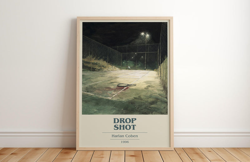 Drop Shot book cover print in frame leaning in hallway – mystery wall art