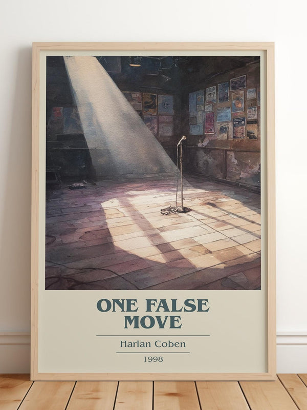 One False Move book cover print in frame leaning in hallway – thriller wall art