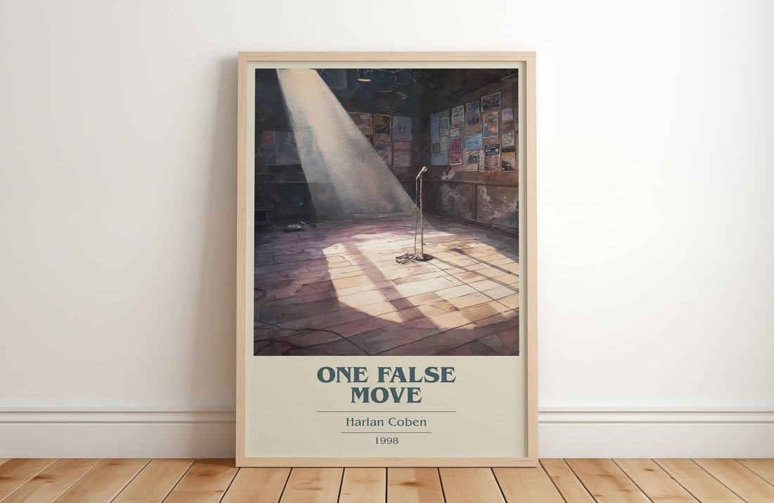 One False Move book cover print in frame leaning in hallway – thriller wall art (mockup)