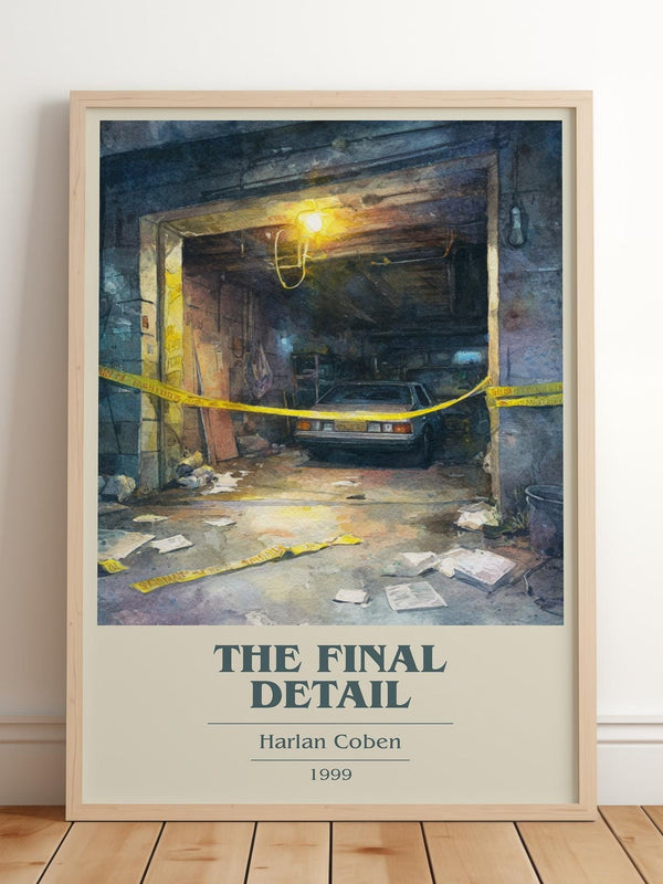 The Final Detail book cover print in frame leaning in hallway – crime wall art