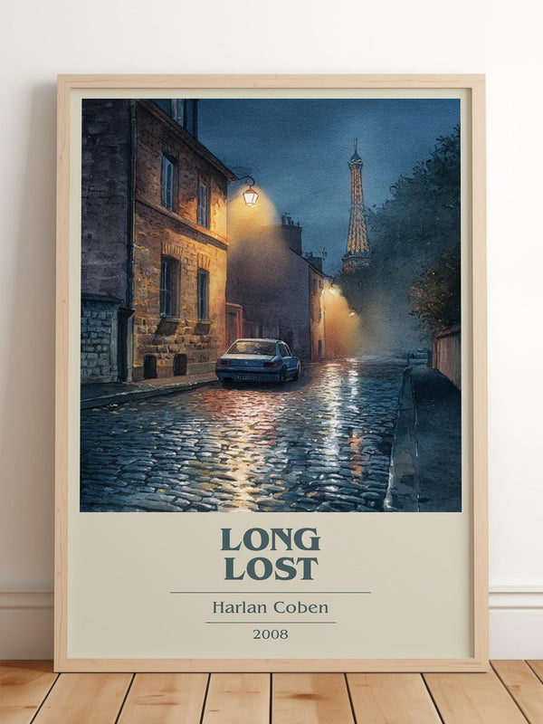 Long Lost book cover print in frame leaning in hallway – thriller wall art