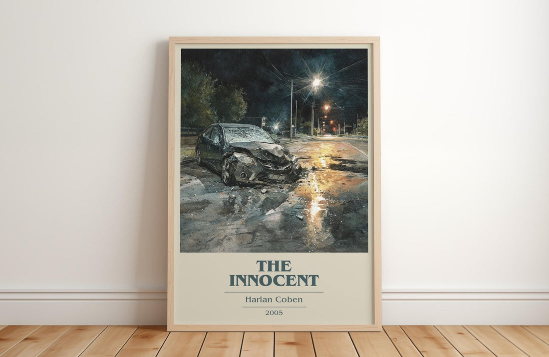 The Innocent book cover print in frame leaning in hallway – thriller wall art (mockup)