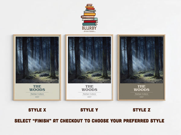 The Woods book cover print in frame leaning in hallway – thriller wall art