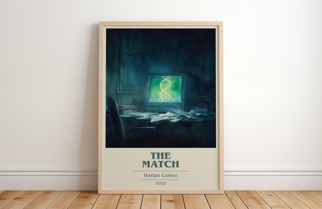 The Match book cover print in frame leaning in hallway – thriller wall art (mockup)
