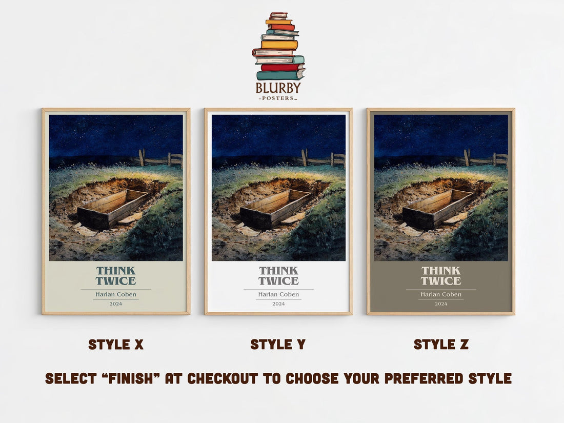 Think Twice book cover print in frame leaning in hallway – thriller wall art (mockup)