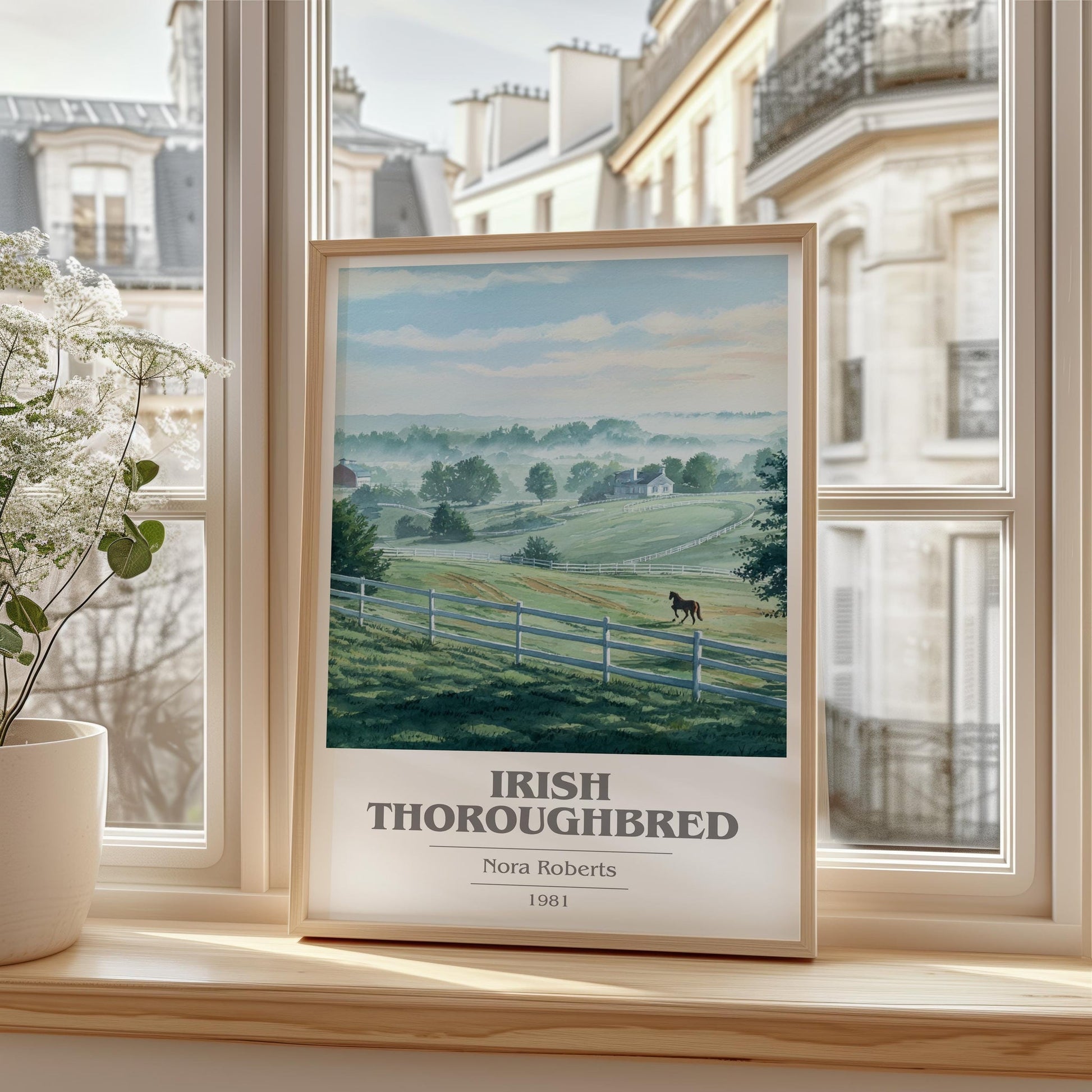 Irish Thoroughbred book cover print framed by window – literary home decor