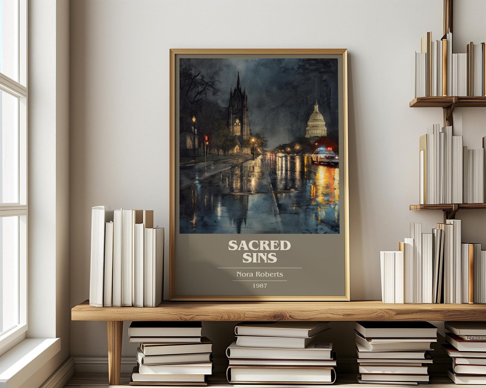 Sacred Sins book cover print on bookshelf – Nora Roberts fan gift