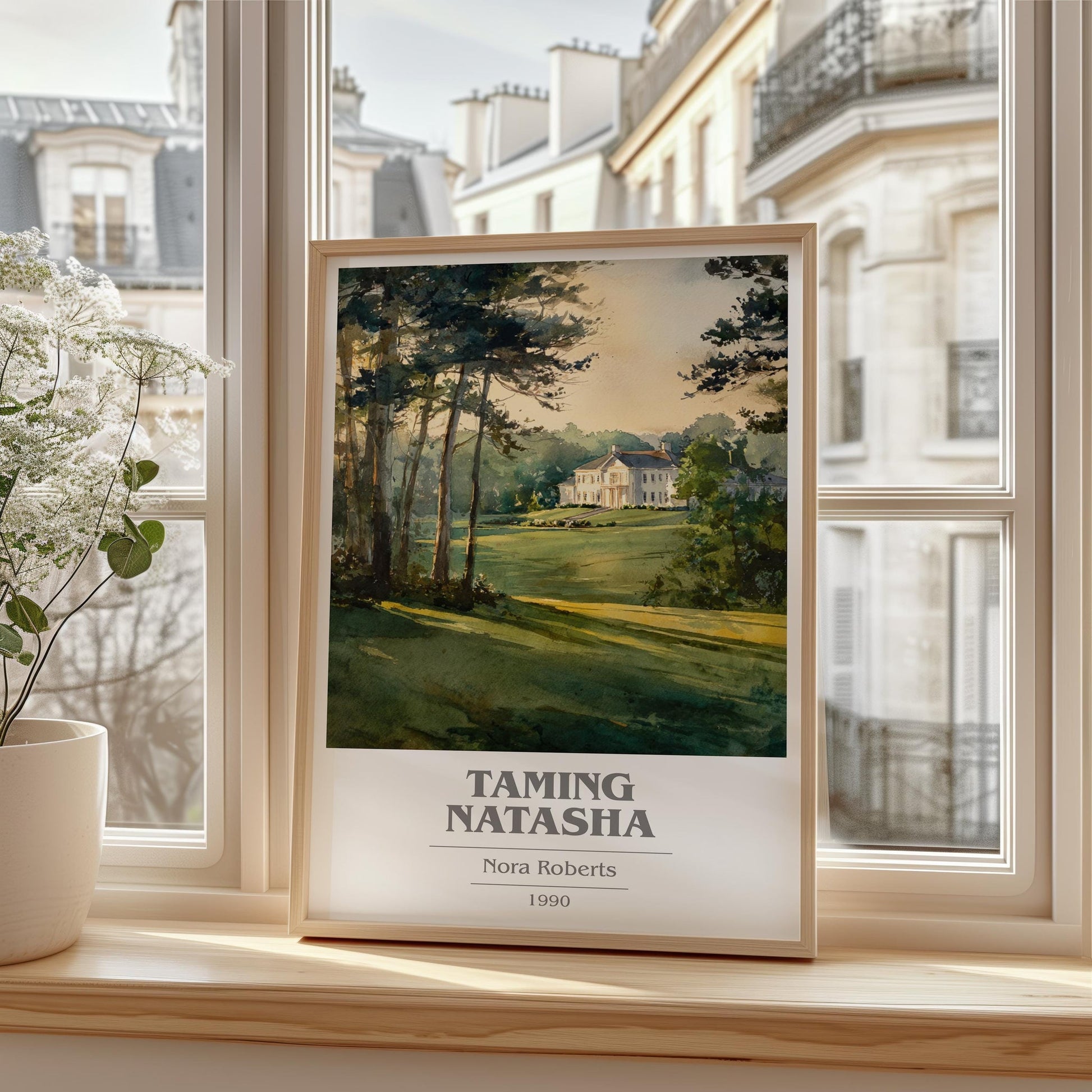 Taming Natasha book cover print framed by window – literary home decor