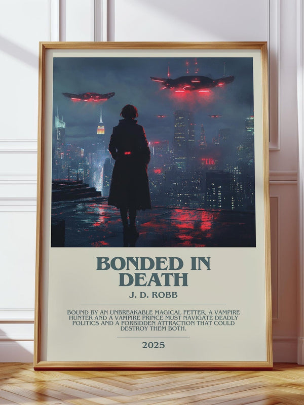 Bonded in Death bookish print in frame leaning in hallway – thriller wall art