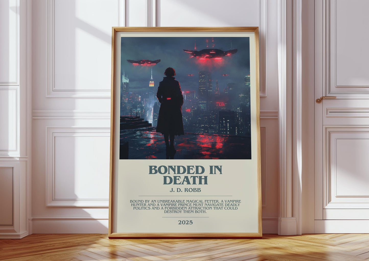 Bonded in Death bookish print in frame leaning in hallway – thriller wall art