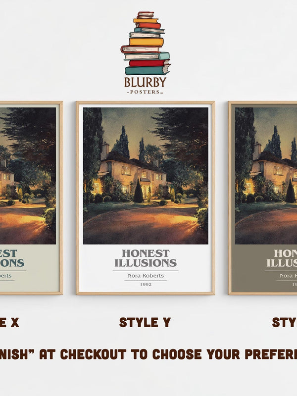 Honest Illusions book cover print in frame leaning in hallway – romance wall art