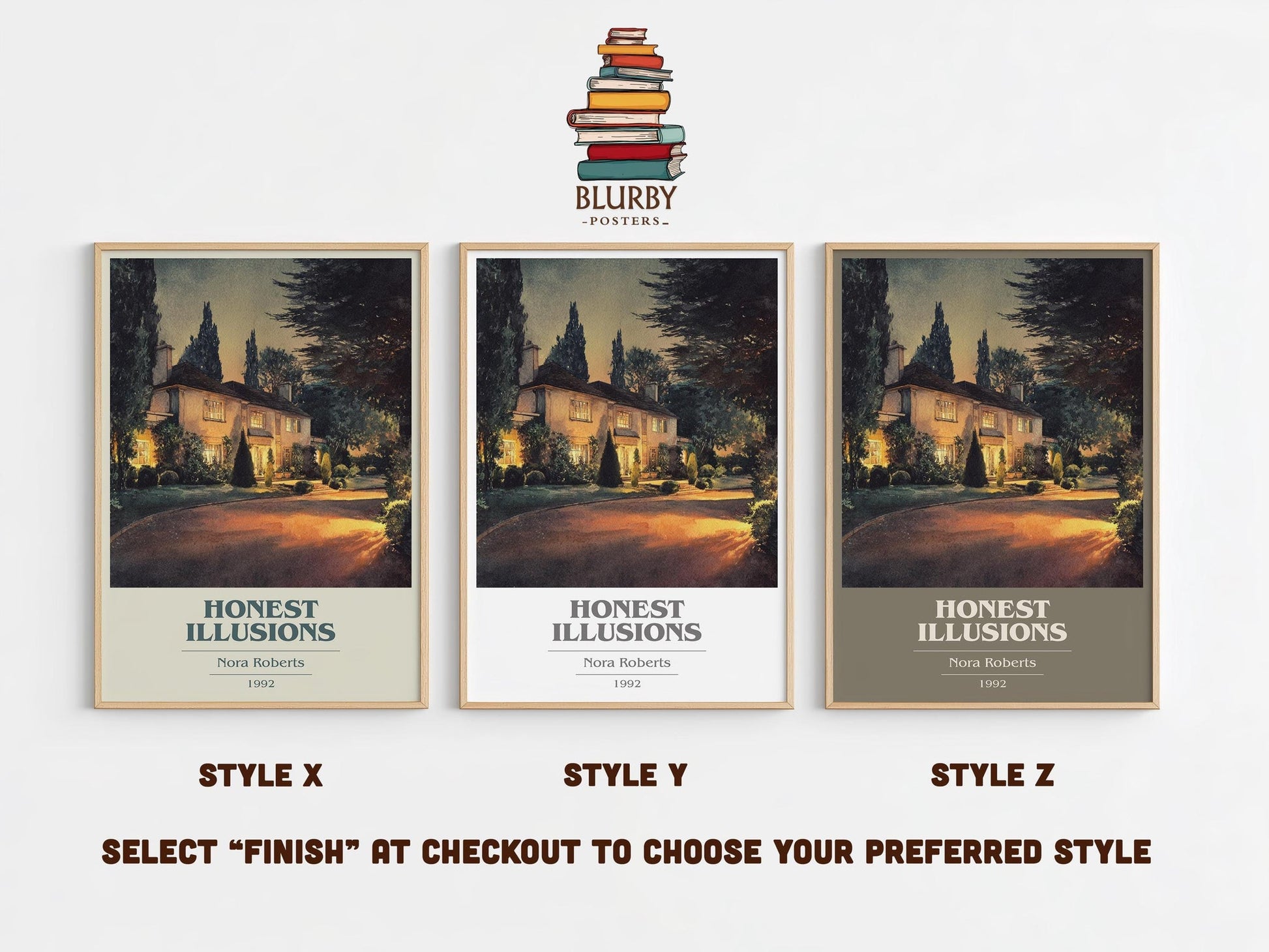 Honest Illusions book cover print in frame leaning in hallway – romance wall art