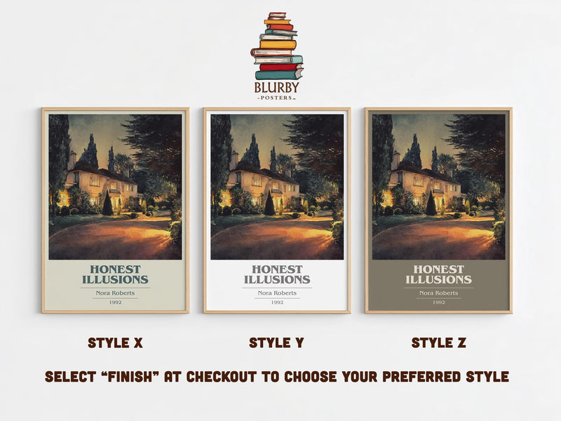 Honest Illusions book cover print in frame leaning in hallway – romance wall art