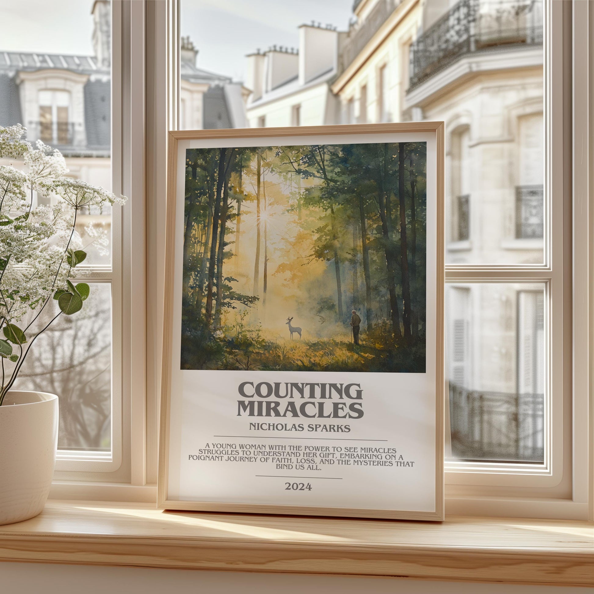 Counting Miracles bookish print framed by window – literary home decor