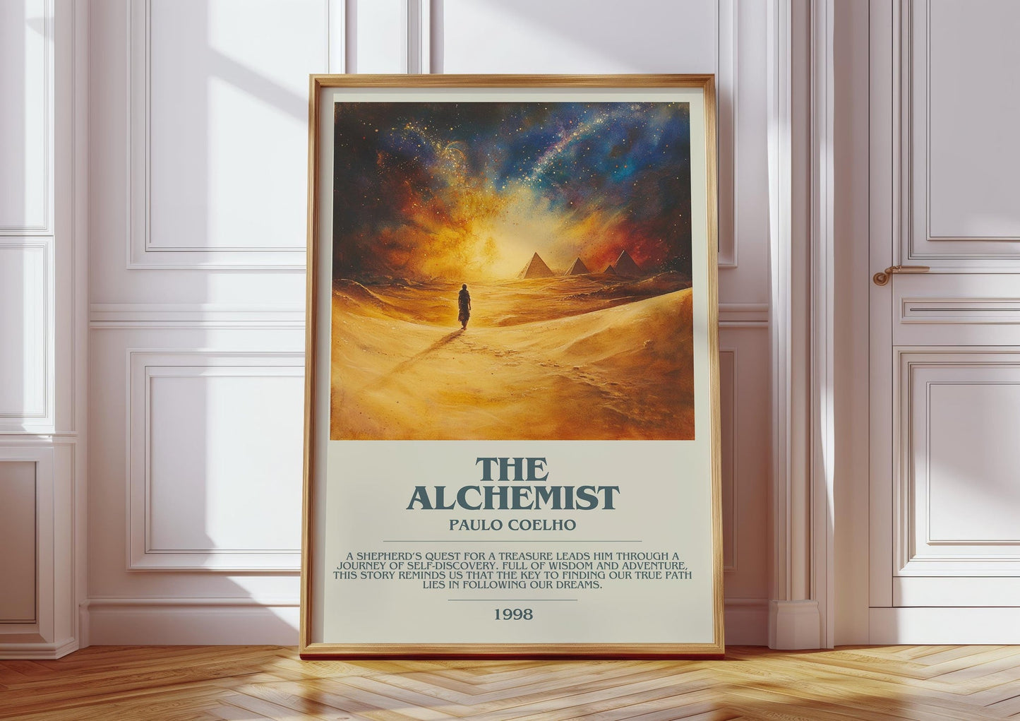 The Alchemist bookish print in frame leaning in hallway – adventure wall art