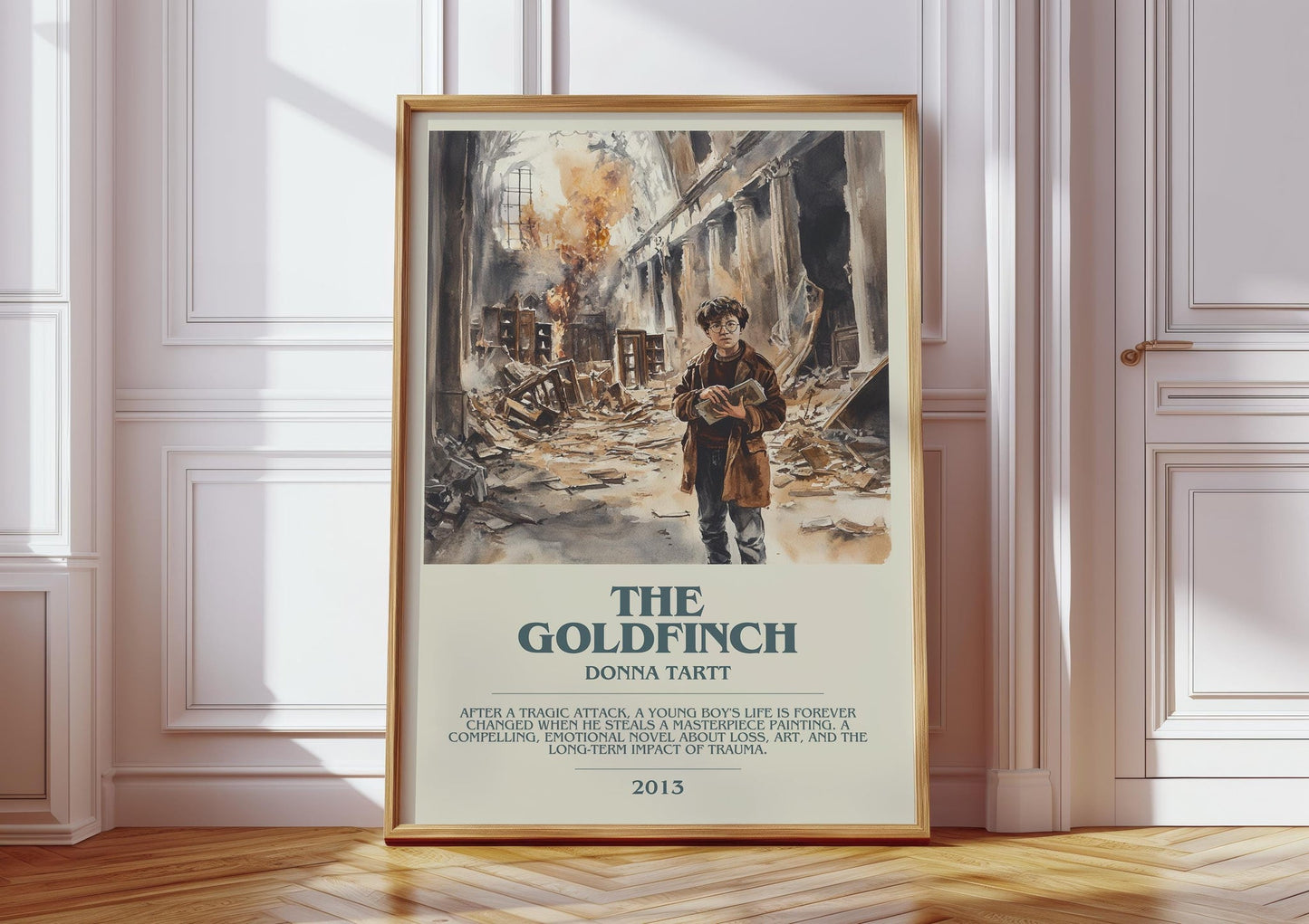 The Goldfinch bookish print in frame leaning in hallway – coming of age wall art