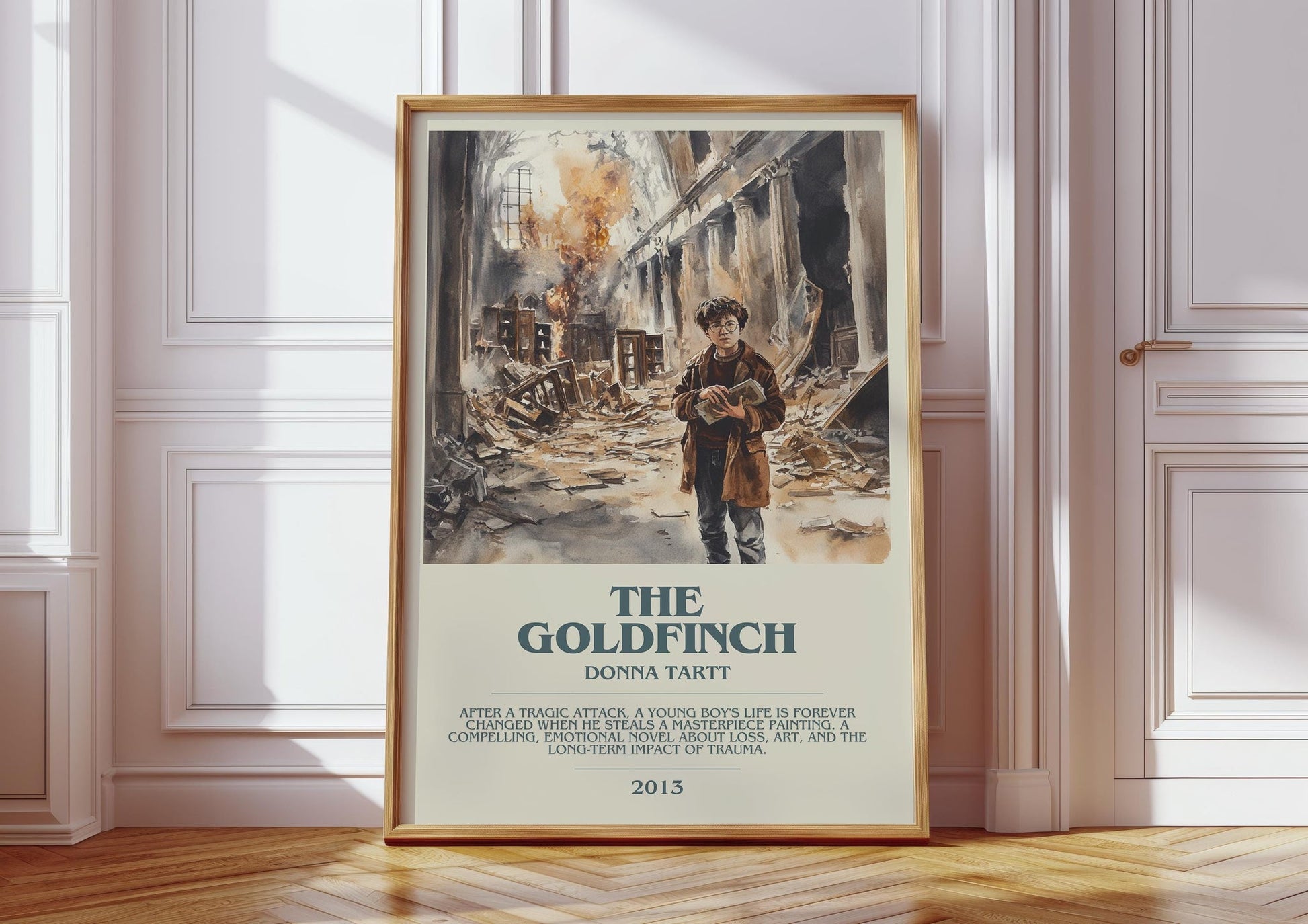 The Goldfinch bookish print in frame leaning in hallway – coming of age wall art