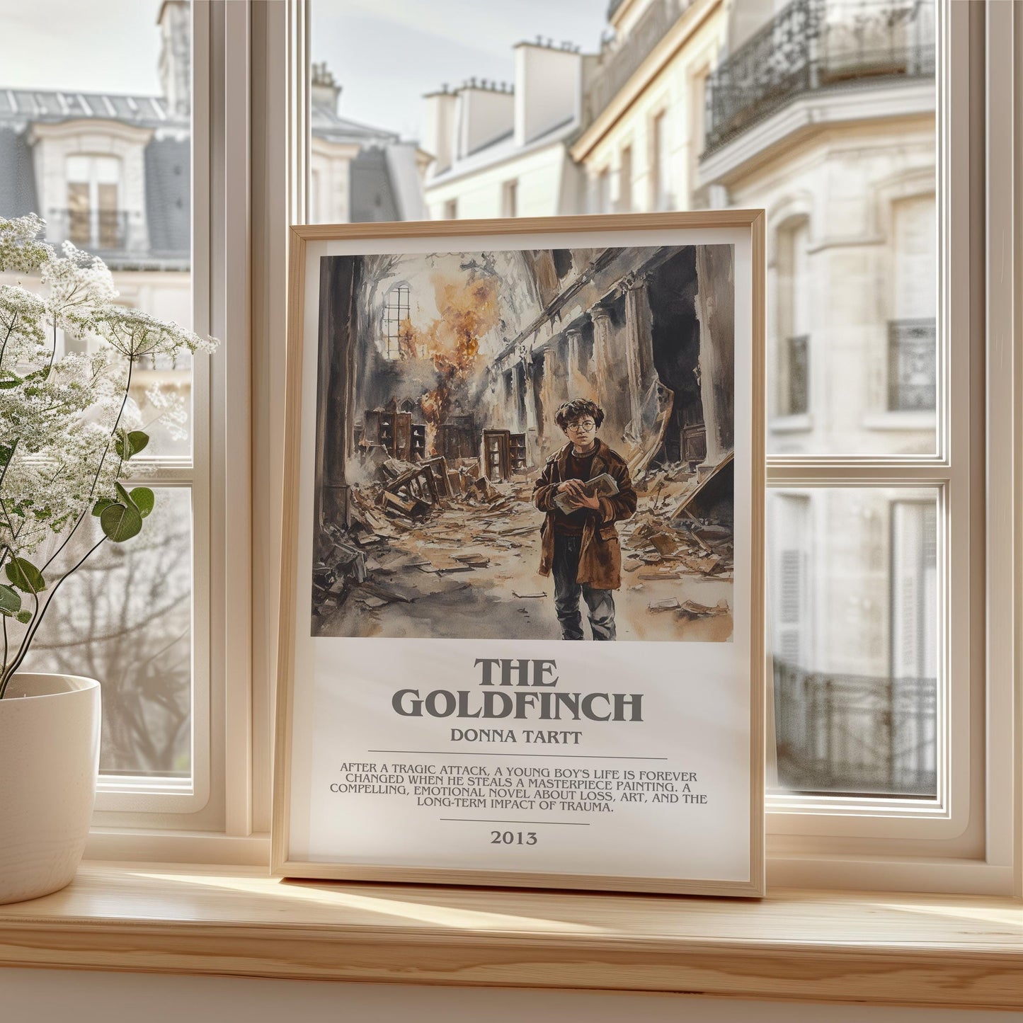 The Goldfinch bookish print framed by window – literary home decor