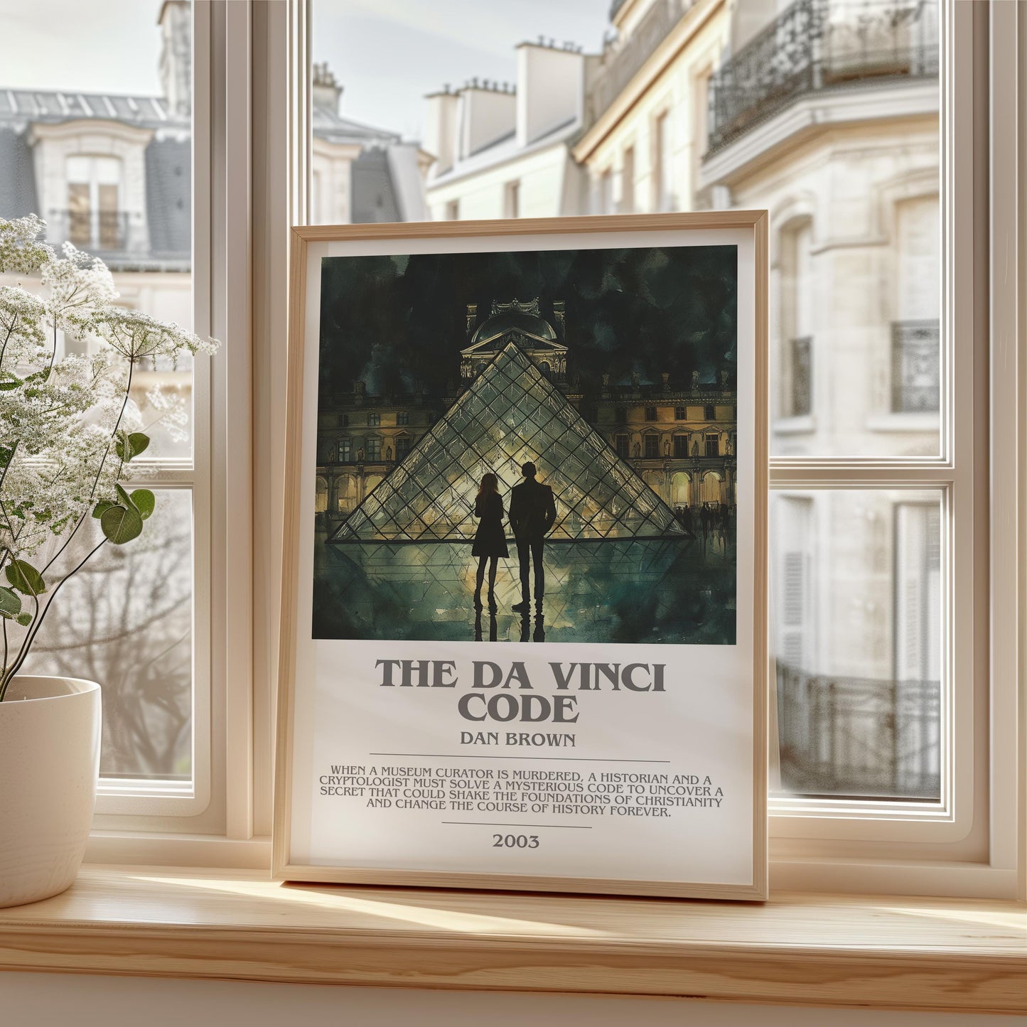 The Da Vinci Code bookish print framed by window – literary home decor