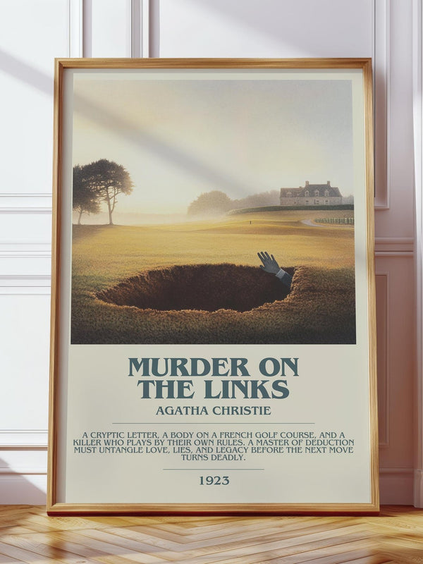 The Murder on the Links bookish print in frame leaning in hallway – mystery wall art