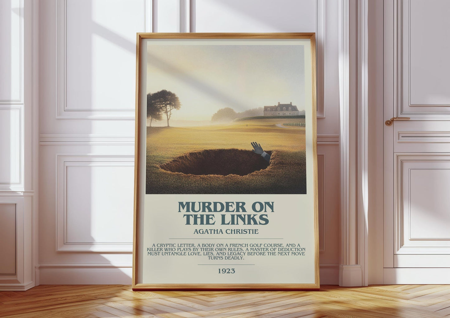 The Murder on the Links bookish print in frame leaning in hallway – mystery wall art