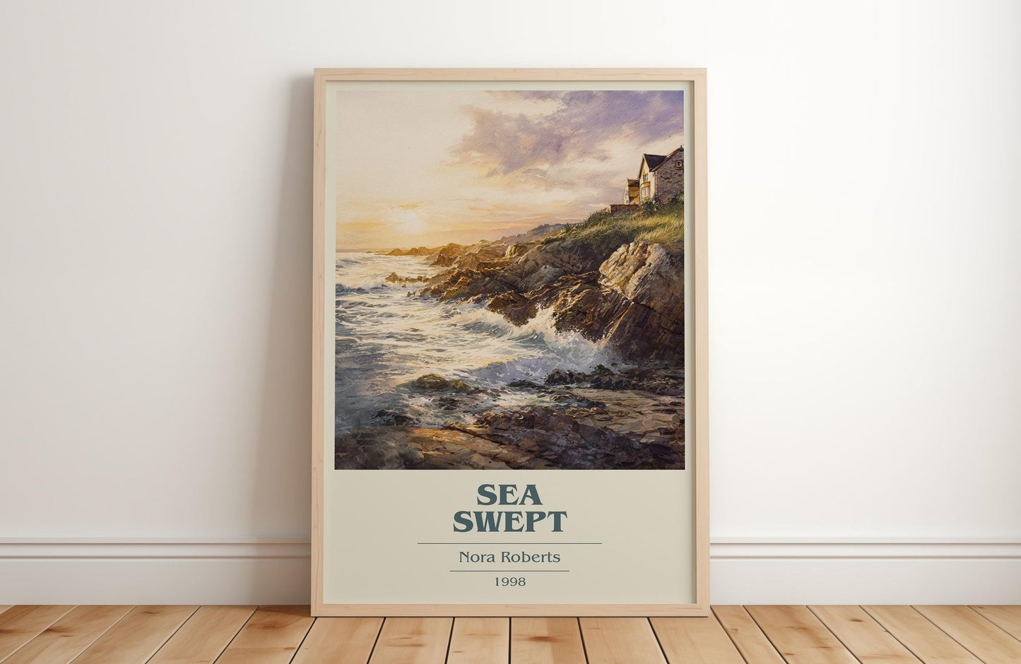 Sea Swept book cover print in frame leaning in hallway – romance wall art