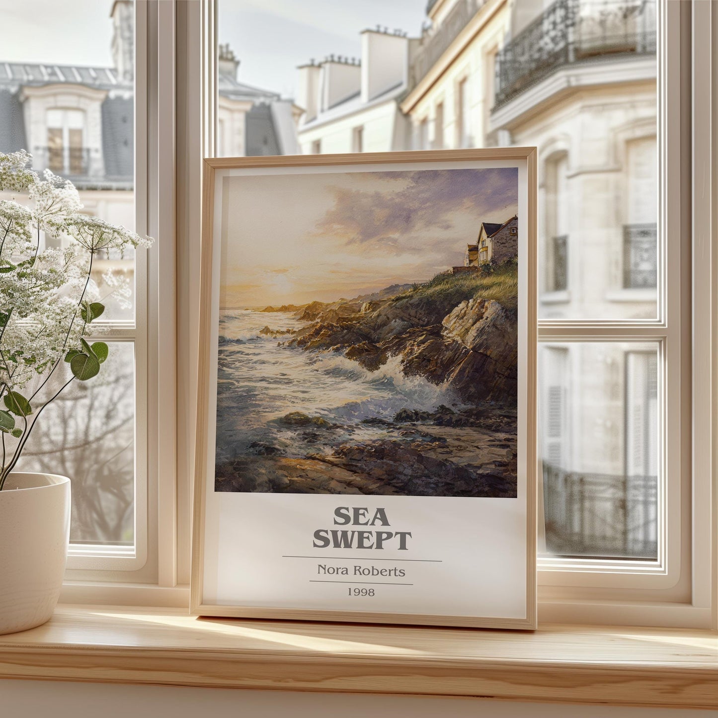 Sea Swept book cover print framed by window – literary home decor