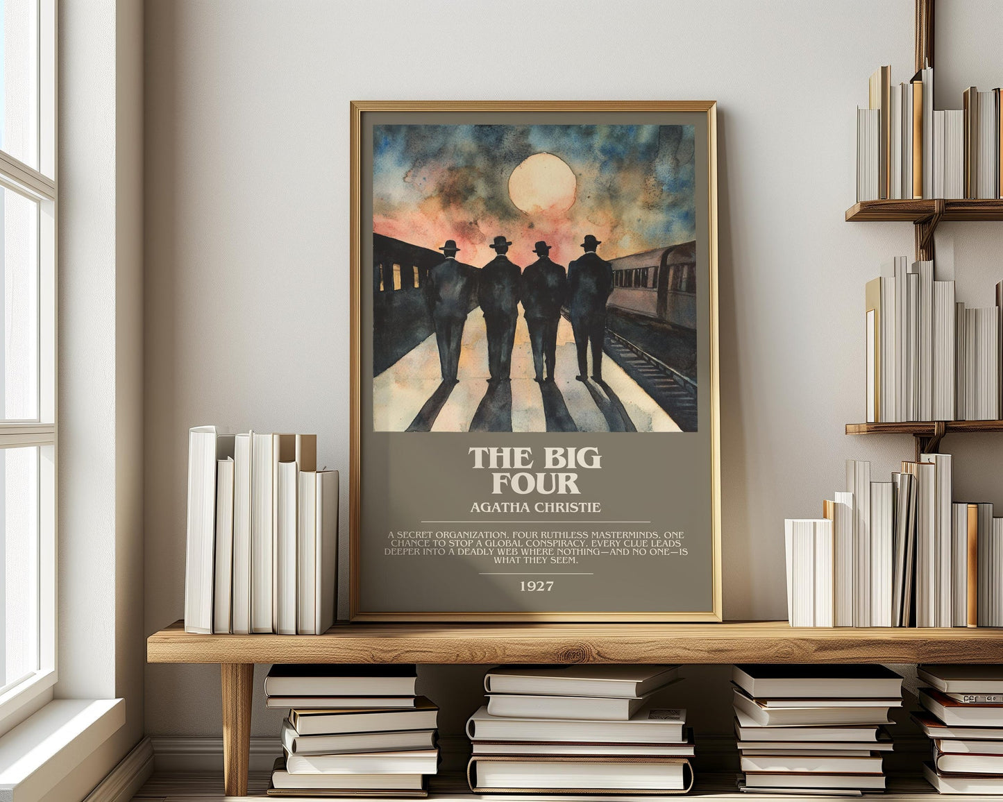 The Big Four bookish print on bookshelf – Agatha Christie fan gift