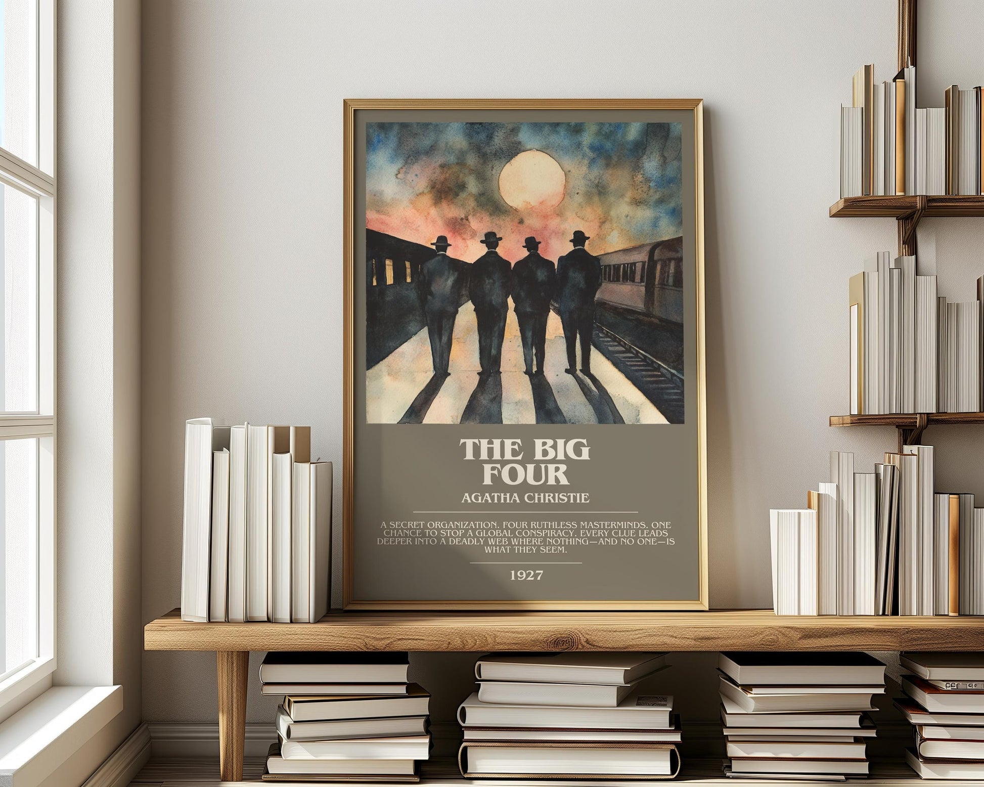 The Big Four bookish print on bookshelf – Agatha Christie fan gift