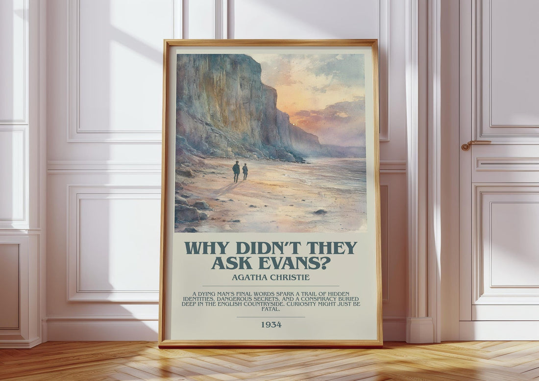 Why Didn't They Ask Evans? bookish print in frame leaning in hallway – mystery wall art (mockup)