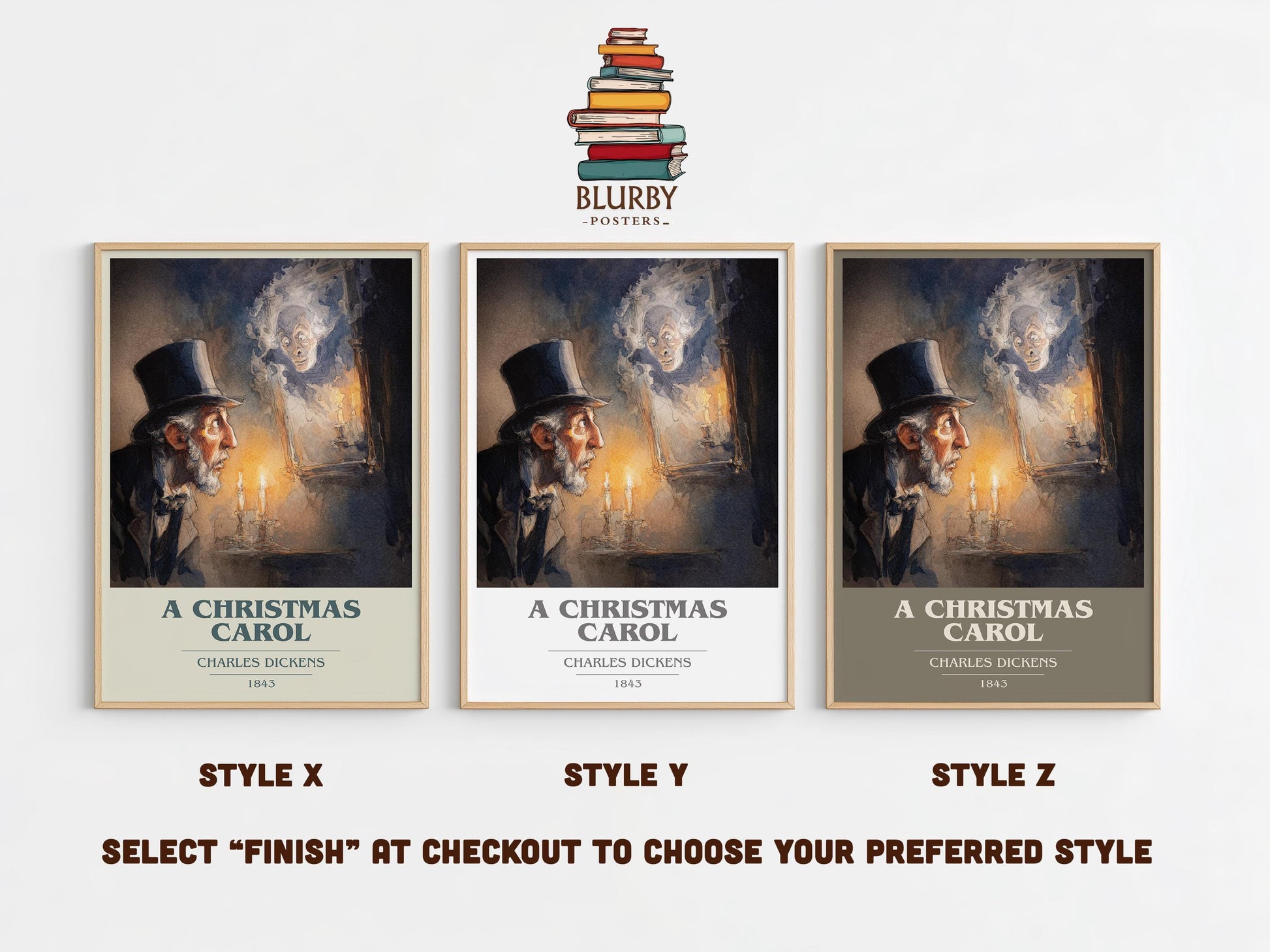 A Christmas Carol book cover print in frame leaning in hallway – classic literature wall art