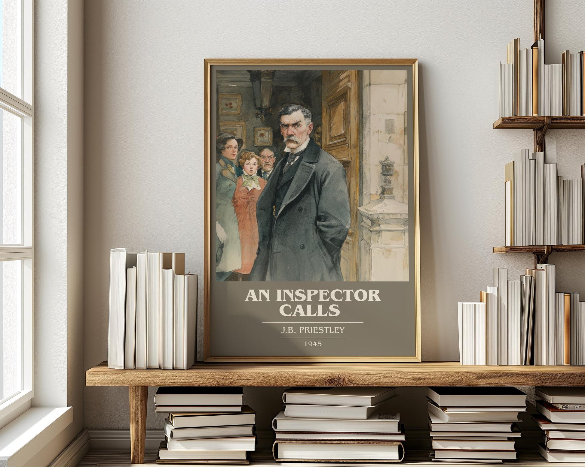 An Inspector Calls book cover print on bookshelf – J. B. Priestley fan gift