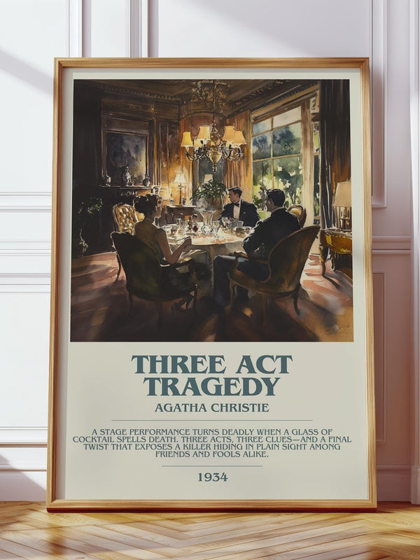 Three Act Tragedy bookish print in frame leaning in hallway – mystery wall art