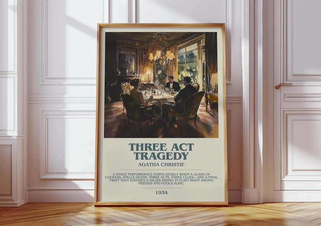 Three Act Tragedy bookish print in frame leaning in hallway – mystery wall art (mockup)
