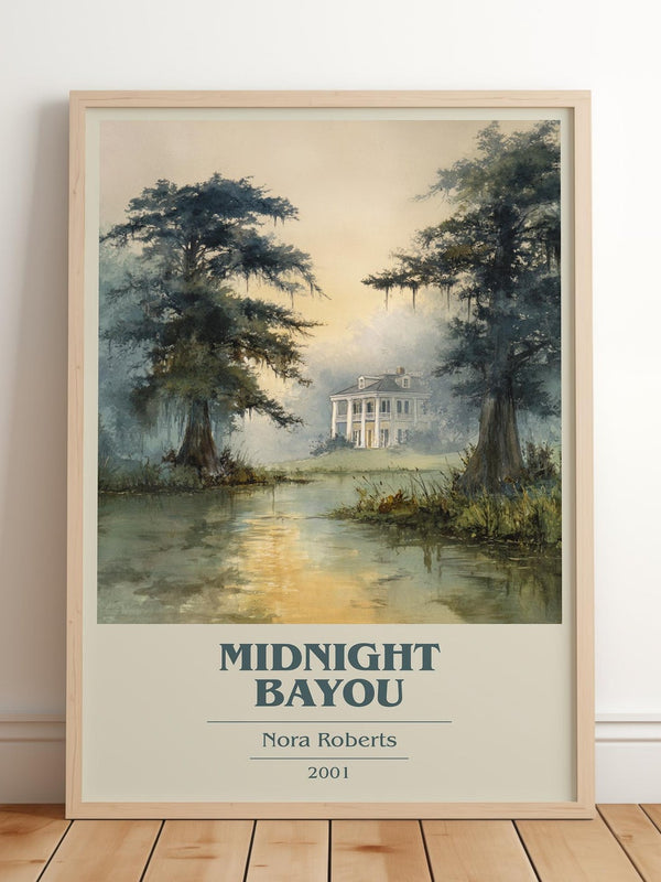 Midnight Bayou book cover print in frame leaning in hallway – romance wall art